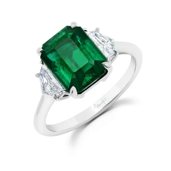 Uneek Precious Collection Three-Stone Emerald Emerald Engagement Ring Diamond Source Jewelers Greenwood Village, CO
