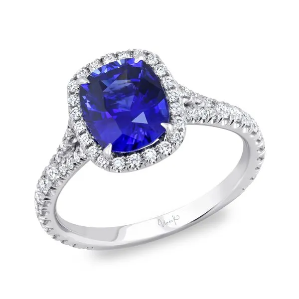 Uneek Precious Collection Halo Cushion Blue Sapphire Engagement Ring Quest Fine Jewelers Fairfax, VA