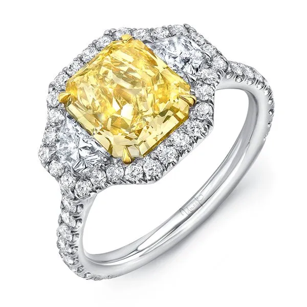 Uneek Natureal Collection 3-Stone-Halo Radiant Fancy Yellow Diamond Engagement Ring Quest Fine Jewelers Fairfax, VA
