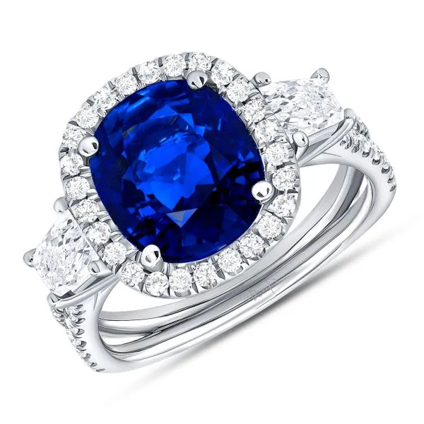 Uneek Precious Collection 3-Stone-Halo Cushion Blue Sapphire Engagement Ring Quest Fine Jewelers Fairfax, VA
