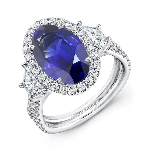 Uneek Precious Collection 3-Stone-Halo Oval Tanzanite Engagement Ring Diamond Source Jewelers Greenwood Village, CO