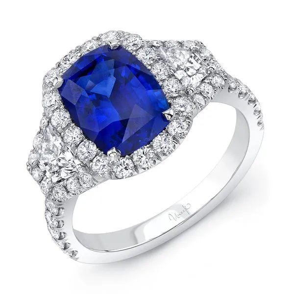 Uneek Precious Collection 3-Stone-Halo Cushion Blue Sapphire Engagement Ring Diamond Source Jewelers Greenwood Village, CO