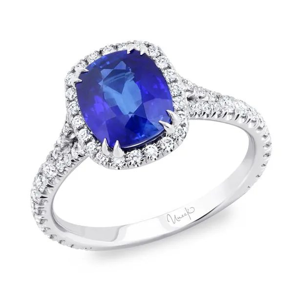 Uneek Precious Collection Halo Cushion Blue Sapphire Engagement Ring Diamond Source Jewelers Greenwood Village, CO
