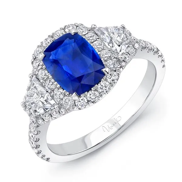 Uneek Precious Collection 3-Stone-Halo Cushion Blue Sapphire Engagement Ring Diamond Source Jewelers Greenwood Village, CO