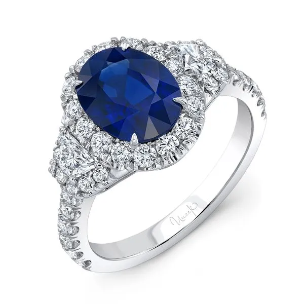 Uneek Precious Collection 3-Stone-Halo Oval Blue Sapphire Engagement Ring Quest Fine Jewelers Fairfax, VA
