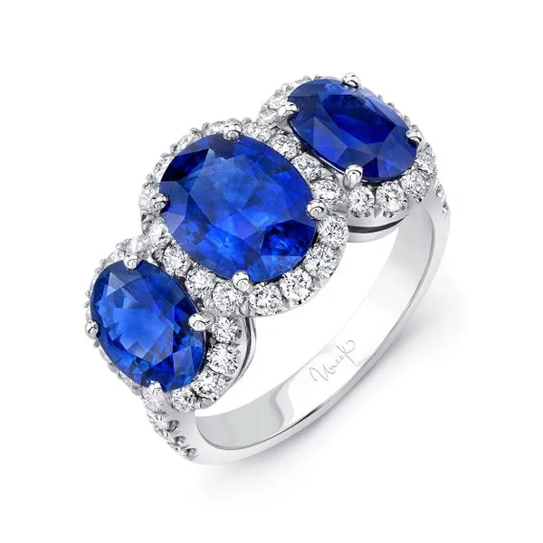 Uneek Precious Collection 3-Stone-Halo Oval Blue Sapphire Anniversary Ring Diamond Source Jewelers Greenwood Village, CO