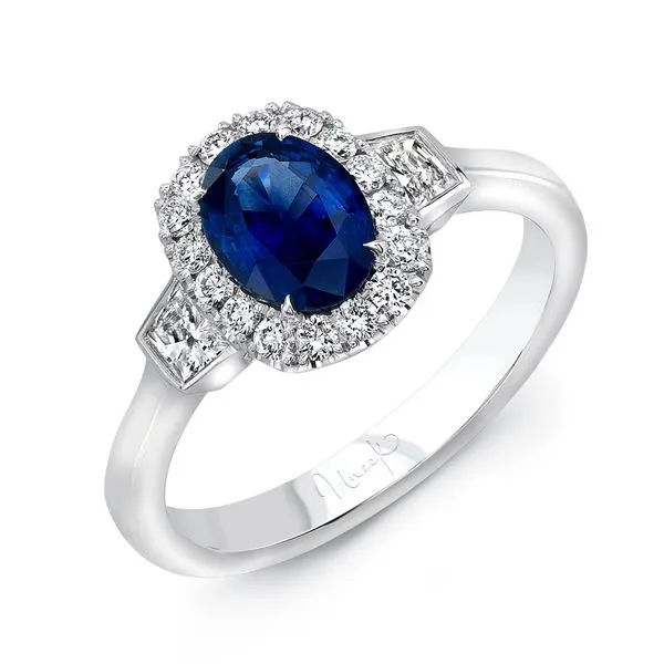 Uneek Precious Collection 3-Stone-Halo Oval Blue Sapphire Engagement Ring Quest Fine Jewelers Fairfax, VA