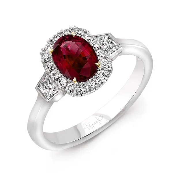 Uneek Precious Collection 3-Stone-Halo Oval Ruby Engagement Ring Diamond Source Jewelers Greenwood Village, CO