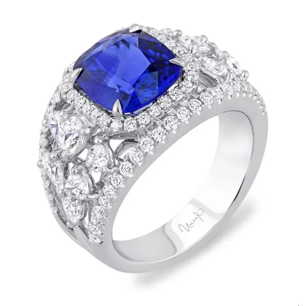 Uneek Precious Collection Halo Cushion Blue Sapphire Engagement Ring Diamond Source Jewelers Greenwood Village, CO