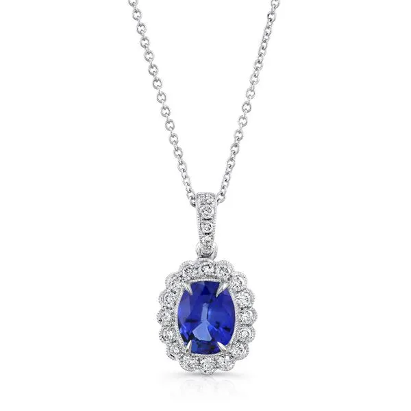 Uneek Precious Collection Halo Round Blue Sapphire Drop Pendant Diamond Source Jewelers Greenwood Village, CO
