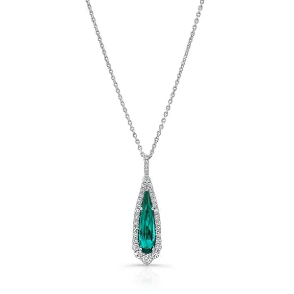 Uneek Precious Collection Halo Pear Indicolite Tourmaline Drop Pendant Diamond Source Jewelers Greenwood Village, CO