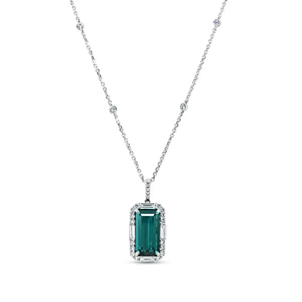 Uneek Precious Collection Halo Emerald Green Tourmaline Drop Pendant Diamond Source Jewelers Greenwood Village, CO