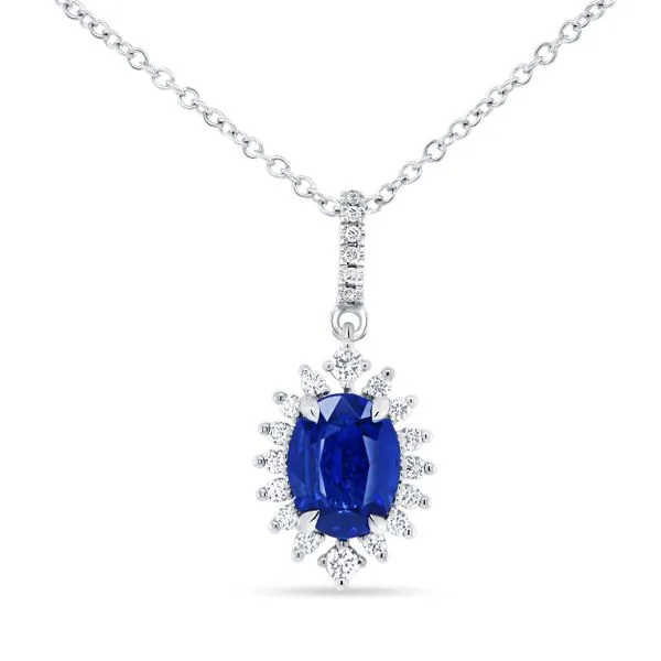 Uneek Precious Collection Halo Oval Blue Sapphire Drop Pendant Quest Fine Jewelers Fairfax, VA