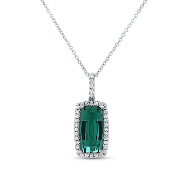 Uneek Precious Collection Halo Cushion Green Tourmaline Drop Pendant Diamond Source Jewelers Greenwood Village, CO