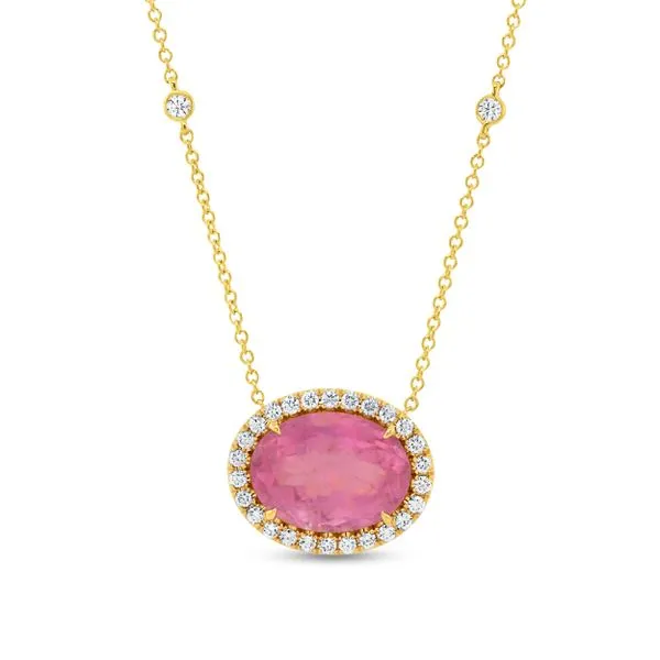 Uneek Precious Collection Halo Oval Pink Tourmaline Drop Pendant Aires Jewelers Morris Plains, NJ