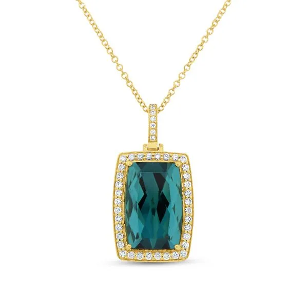 Uneek Precious Collection Halo Cushion Green Tourmaline Drop Pendant Diamond Source Jewelers Greenwood Village, CO