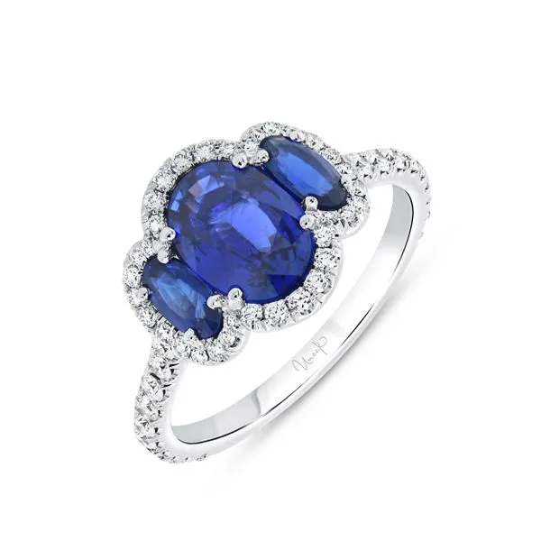 Uneek Precious Collection 3-Stone-Halo Oval Blue Sapphire Engagement Ring Quest Fine Jewelers Fairfax, VA