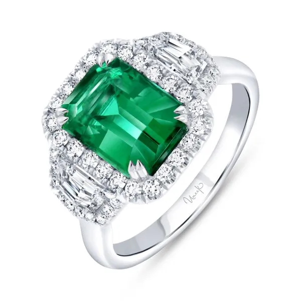 Uneek Precious Collection 3-Stone-Halo Emerald Emerald Engagement Ring Diamond Source Jewelers Greenwood Village, CO