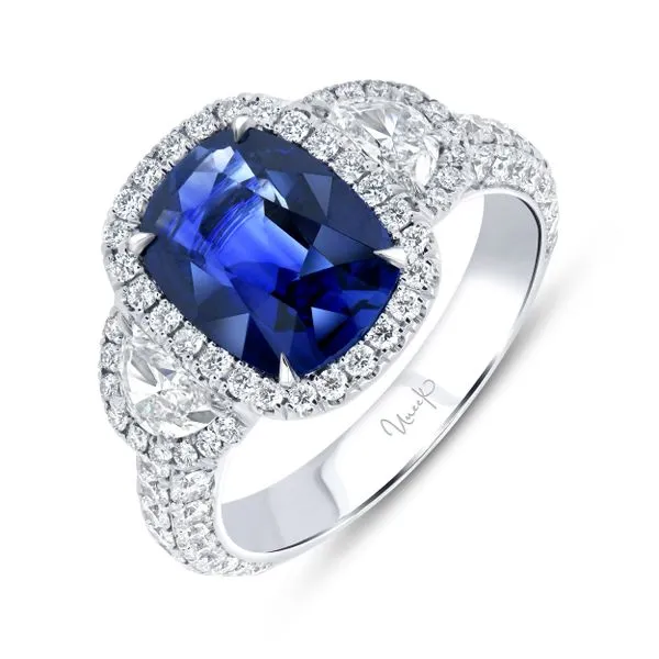 Uneek Precious Collection 3-Stone-Halo Cushion Blue Sapphire Engagement Ring Diamond Source Jewelers Greenwood Village, CO
