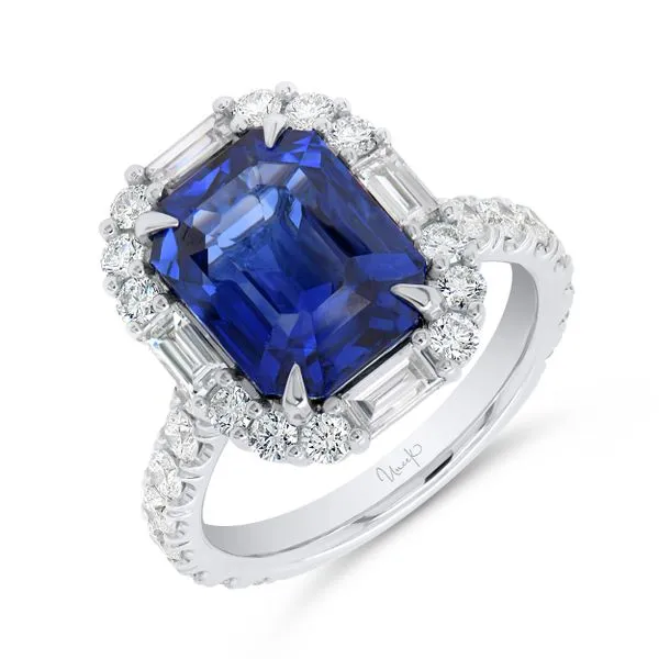 Uneek Precious Collection Halo Emerald Blue Sapphire Engagement Ring Quest Fine Jewelers Fairfax, VA