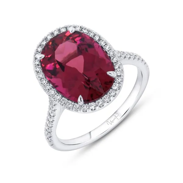Uneek Precious Collection Halo Oval Rubellite Engagement Ring Diamond Source Jewelers Greenwood Village, CO