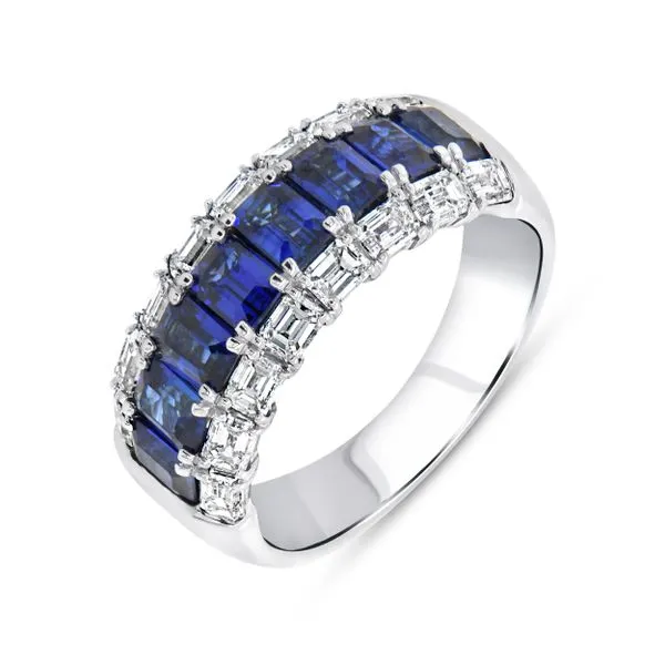 Uneek Precious Collection 3-Row Emerald Blue Sapphire Anniversary Ring Mystique Jewelers Alexandria, VA