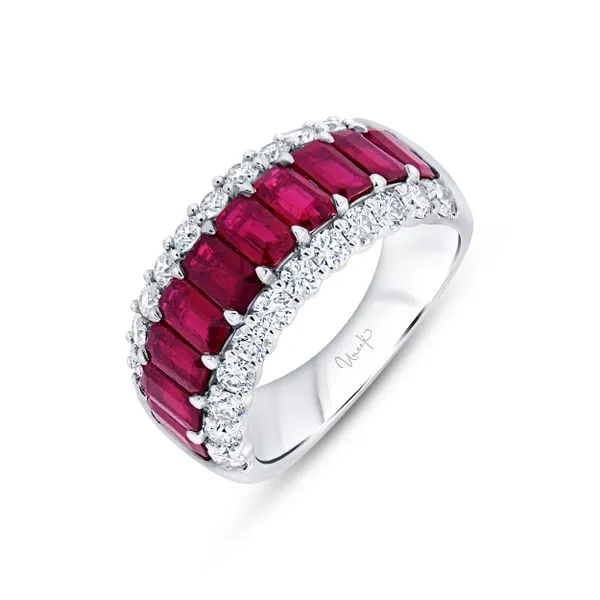 Uneek Precious Collection 3-Row Emerald Ruby Anniversary Ring Diamond Source Jewelers Greenwood Village, CO