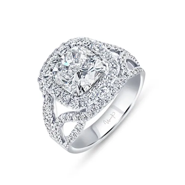 Uneek Radiance Collection Double-Halo Cushion Engagement Ring Diamond Source Jewelers Greenwood Village, CO