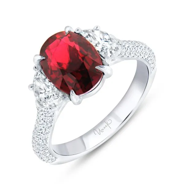Uneek Precious Collection Three-Stone Oval Ruby Engagement Ring Quest Fine Jewelers Fairfax, VA