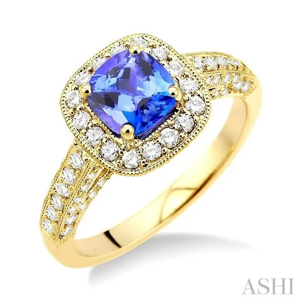 6x6mm Cushion Cut Tanzanite and 7/8 Ctw Round Cut Diamond Ring in 14K Yellow Gold Hart's Jewelers Grants Pass, OR
