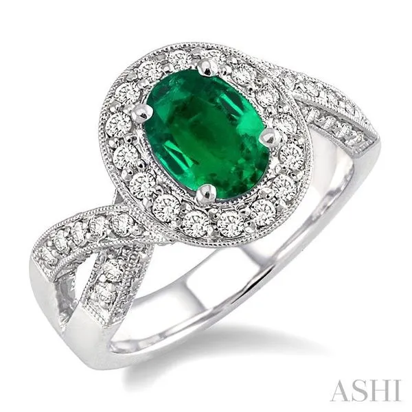 8x6mm Oval Cut Emerald and 3/4 Ctw Round Cut Diamond Ring in 14K White Gold Hart's Jewelers Grants Pass, OR