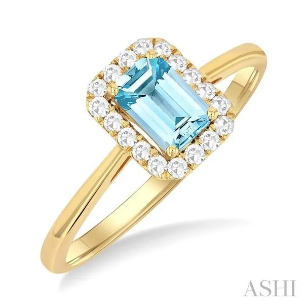 6x4 MM Octagonal Shape Aquamarine and 1/6 Ctw Round Cut Diamond Halo Semi-Precious Ring in 14K Yellow Gold Hart's Jewelers Grants Pass, OR