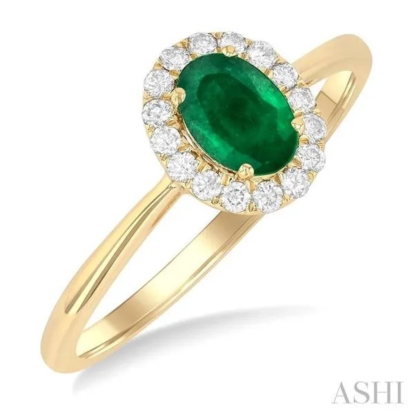 6x4 MM Oval Shape Emerald and 1/6 Ctw Round Cut Diamond Halo Precious Ring in 14K Yellow Gold Hart's Jewelers Grants Pass, OR