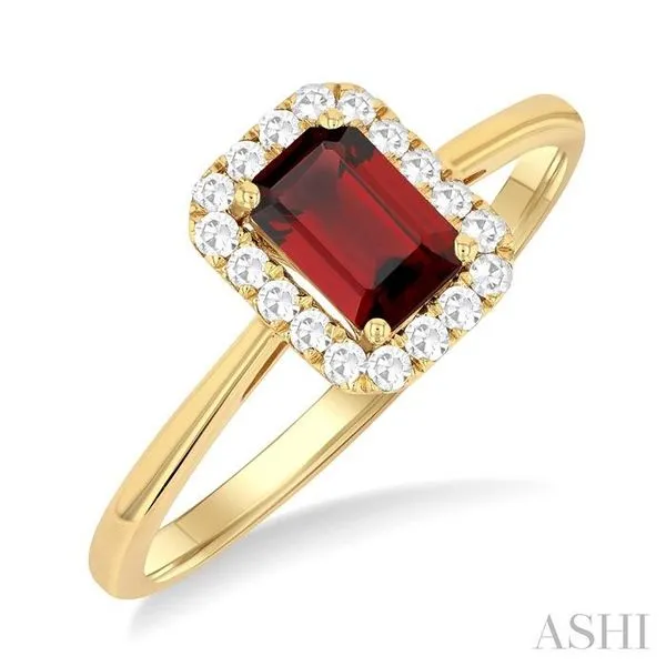 6x4 MM Octagonal Shape Garnet and 1/6 Ctw Round Cut Diamond Halo Semi-Precious Ring in 14K Yellow Gold Hart's Jewelers Grants Pass, OR