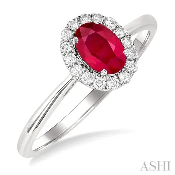 6x4 MM Oval Shape Ruby and 1/6 Ctw Round Cut Diamond Halo Precious Ring in 14K White Gold Hart's Jewelers Grants Pass, OR