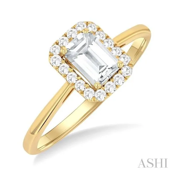 6x4 MM Octagonal Shape White Topaz and 1/6 Ctw Round Cut Diamond Halo Semi-Precious Ring in 14K Yellow Gold Hart's Jewelers Grants Pass, OR