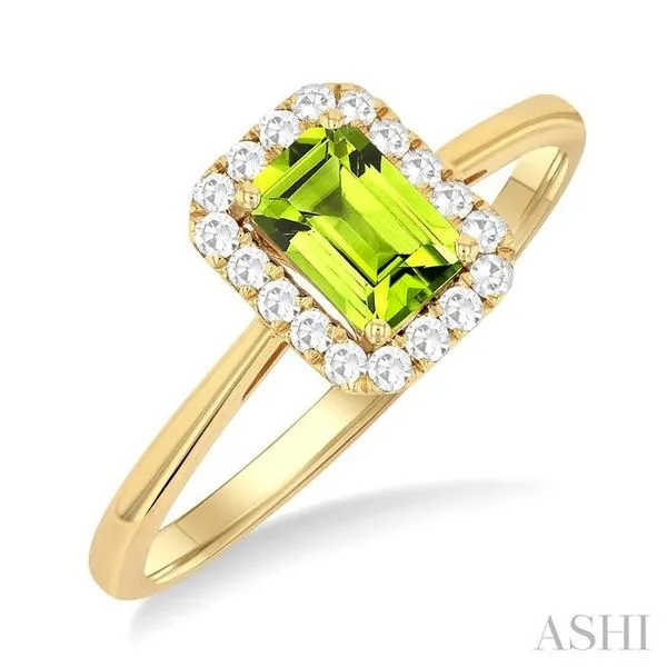 6x4 MM Octagonal Shape Peridot and 1/6 Ctw Round Cut Diamond Halo Semi-Precious Ring in 10K Yellow Gold Hart's Jewelers Grants Pass, OR