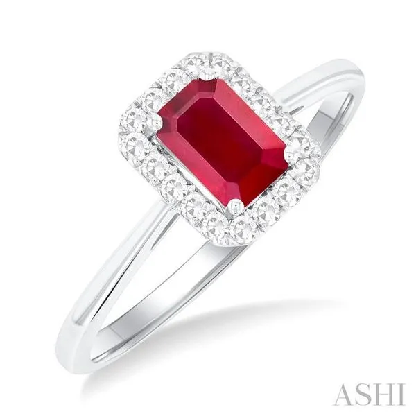 6x4 MM Octagonal Shape Ruby and 1/6 Ctw Round Cut Diamond Halo Precious Ring in 10K White Gold Hart's Jewelers Grants Pass, OR