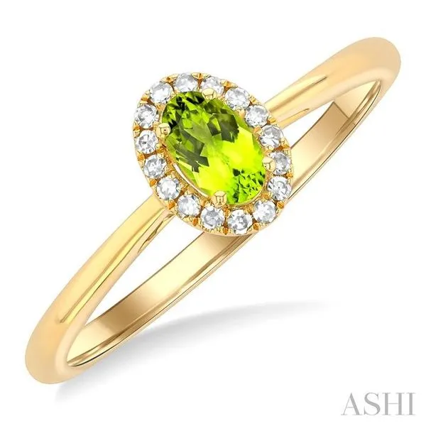 5x3 MM Oval Shape Peridot and 1/20 Ctw Single Cut Diamond Halo Semi-Precious Ring in 14K Yellow Gold Hart's Jewelers Grants Pass, OR