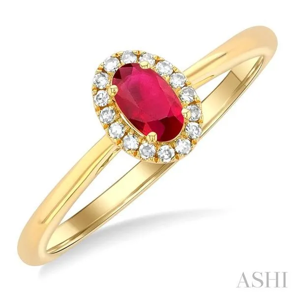 5x3 MM Oval Shape Ruby and 1/20 Ctw Single Cut Diamond Halo Precious Ring in 14K Yellow Gold Hart's Jewelers Grants Pass, OR
