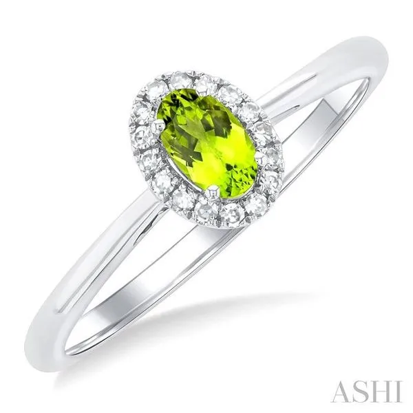 5x3 MM Oval Shape Peridot and 1/20 Ctw Single Cut Diamond Halo Semi-Precious Ring in 10K White Gold Hart's Jewelers Grants Pass, OR