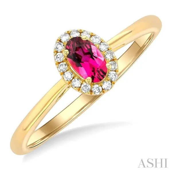 5x3 MM Oval Shape Pink Tourmaline and 1/20 Ctw Single Cut Diamond Halo Semi-Precious Ring in 10K Yellow Gold Hart's Jewelers Grants Pass, OR