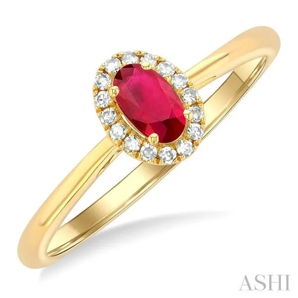 5x3 MM Oval Shape Ruby and 1/20 Ctw Single Cut Diamond Halo Precious Ring in 10K Yellow Gold Hart's Jewelers Grants Pass, OR
