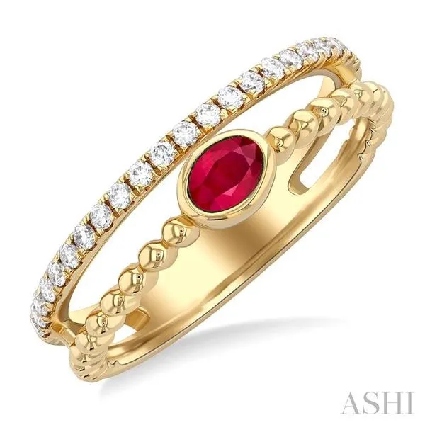4x3 MM Oval Shape Ruby and 1/5 Ctw Single Cut Diamonds Precious Fashion Split Twin Ring in 10K Yellow Gold Hart's Jewelers Grants Pass, OR