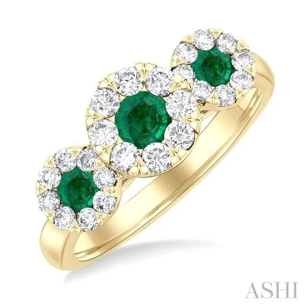 3.8 MM & 3 MM Emerald and 5/8 Ctw Round Cut Diamond Precious Lovebright Past, Present and Future Ring in 14K Yellow Gold Hart's Jewelers Grants Pass, OR