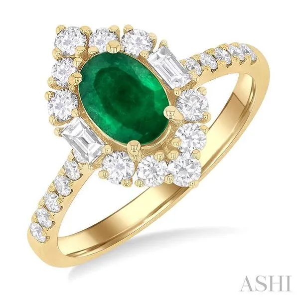 7x5 MM Oval Cut Emerald & 5/8 Ctw Baguette and Round Cut Diamond Halo Precious Ring in 14K Yellow Gold Hart's Jewelers Grants Pass, OR