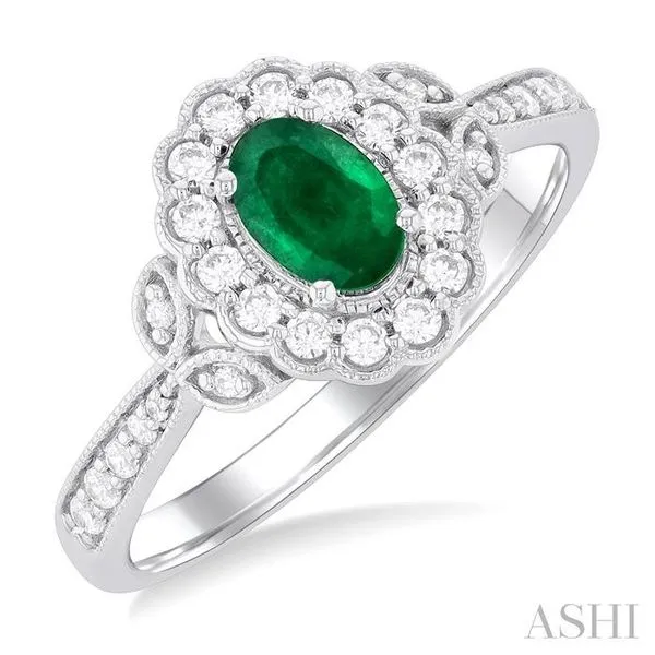 6X4 MM Oval Cut Emerald and 1/4 Ctw Scalloped Halo Round Cut Diamond Precious Ring in 14K White Gold Hart's Jewelers Grants Pass, OR