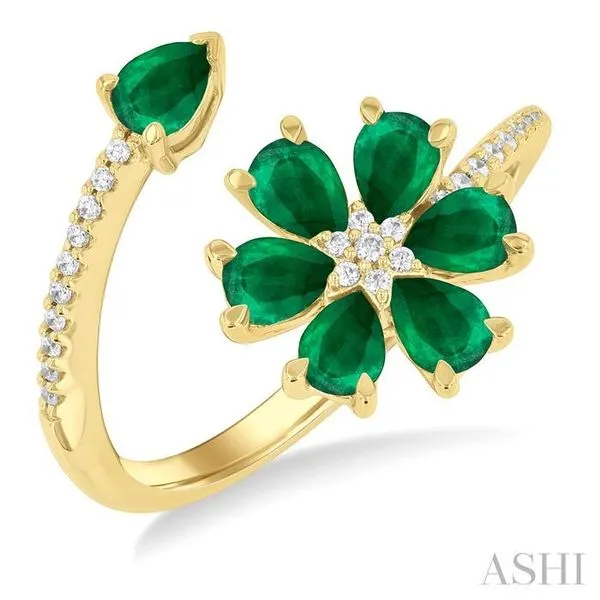 4X3 MM Pear Cut Floral Blossom Emerald and 1/10 Ctw Round Cut Diamond Open Precious Ring in 14K Yellow Gold Hart's Jewelers Grants Pass, OR