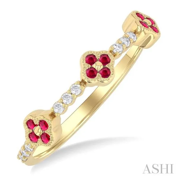 1.25 MM Round Cut Ruby and 1/10 Ctw Clover Leaf & Bar Link Round Cut Diamond Precious Ring in 10K Yellow Gold Hart's Jewelers Grants Pass, OR