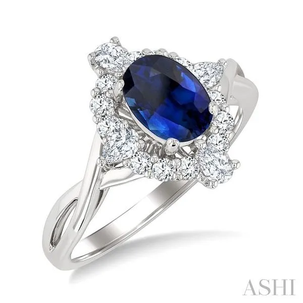 7X5 MM Oval Shape Sapphire and 1/2 Ctw Pear and Round Cut Diamond Halo Precious Ring in 14K White Gold Hart's Jewelers Grants Pass, OR